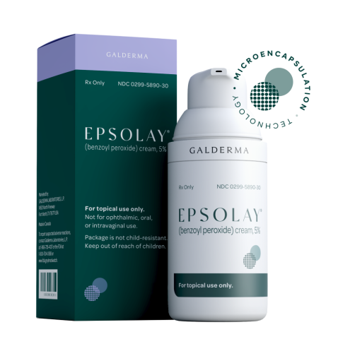 EPSOLAY cream bottle to the right with adjacent microencapsulation technology icon and product box on the left